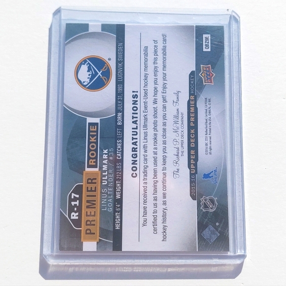 Linus Ullmark Upper Deck Premier Rookie Jersey Card Buffalo Sabres 2015/16 - Picture 2 of 2